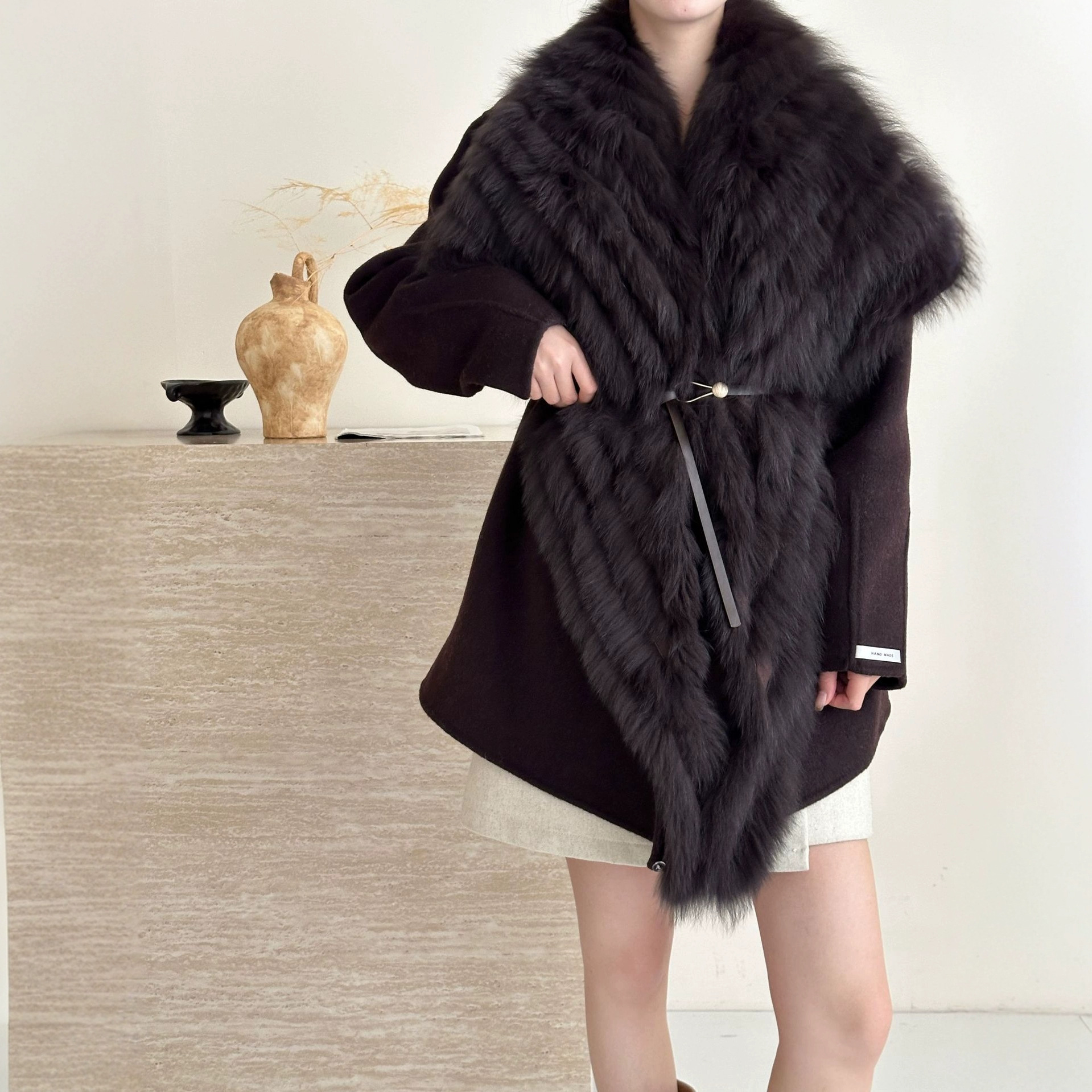 Rynthem狐狸毛大翻领毛呢外套