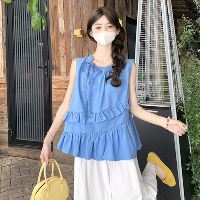 蓝色亚麻吊带背心女夏泰