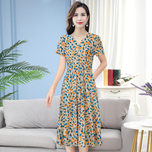 连衣裙中老年女大码 弹力中长款 V领复古过膝冰丝裙子 短袖 妈妈夏装