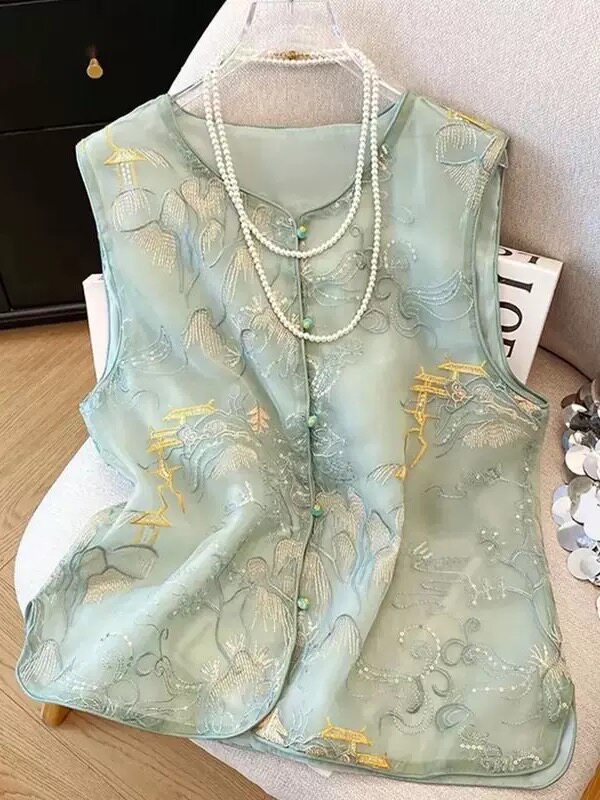 重工刺绣亮片坎肩上衣妈妈国风图片