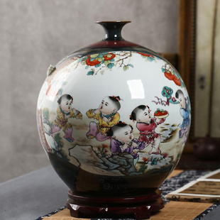 景德镇陶瓷器中式花瓶五子登科客厅玄关摆件插花仿古家居装饰品