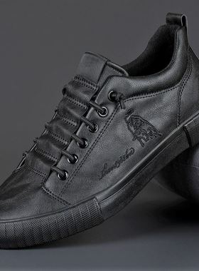 闪步21841全黑色皮面男鞋2024秋季新款软底软面板鞋商务休闲皮鞋