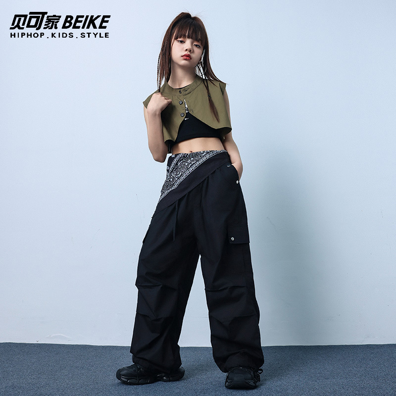 贝可家女童爵士舞服套装jazz露脐马甲上衣裤子儿童街舞表演出服潮