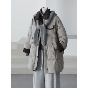高品质欧货90绒翻领羽绒服女中长款 加厚气质拼接小个子宽松冬外套