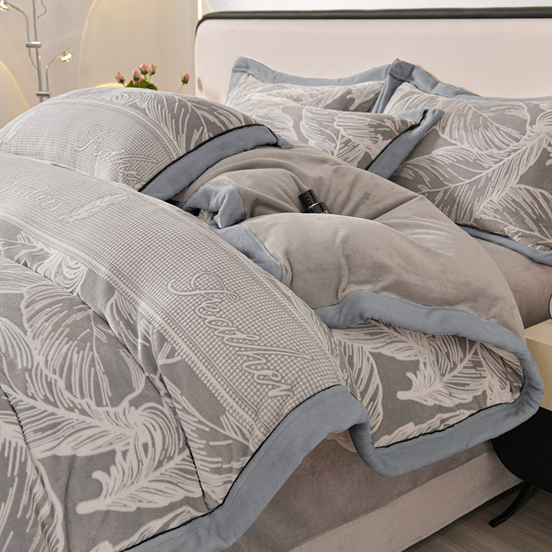 5D提花高档加厚牛奶绒四件套冬天双面绒珊瑚绒床笠款被套床单床上