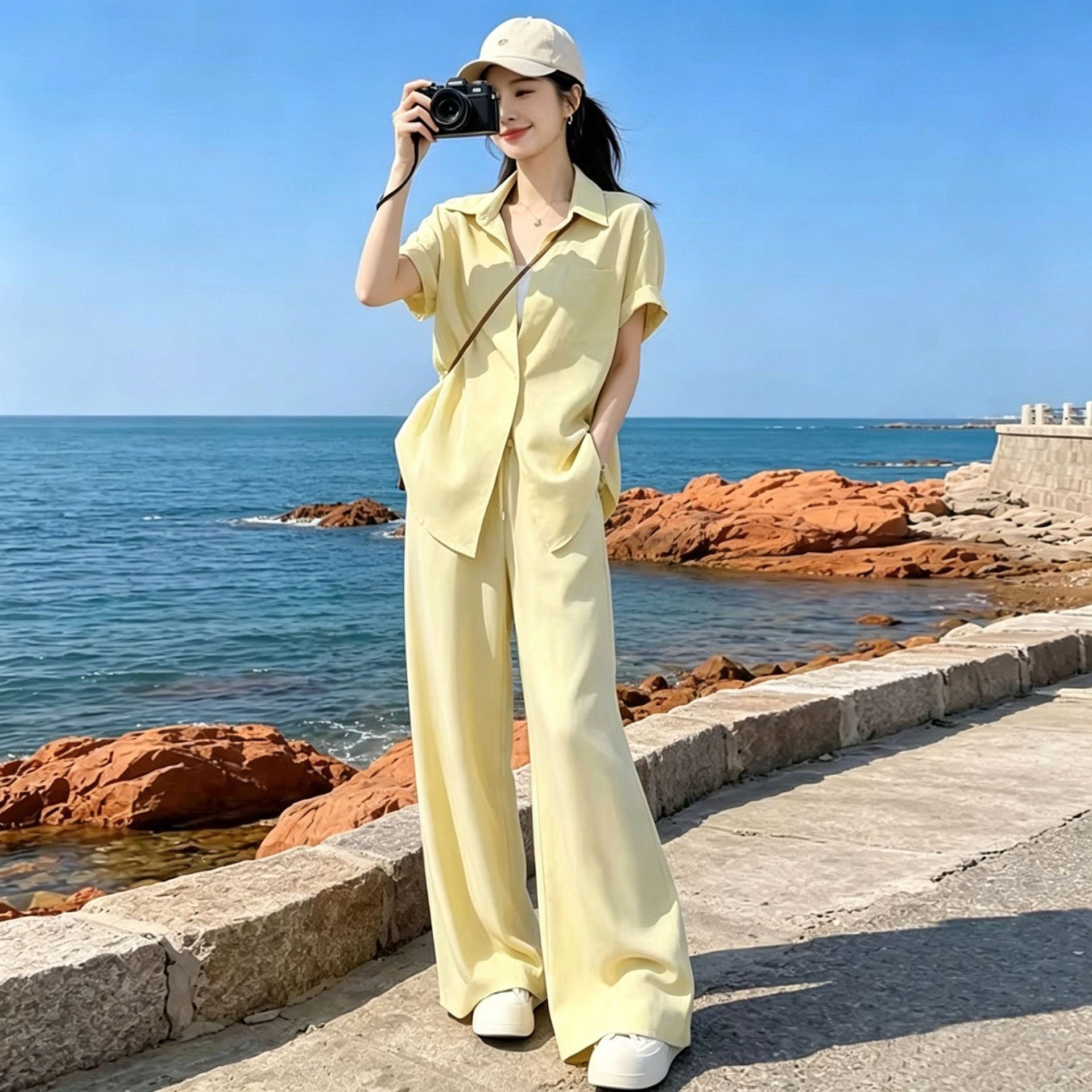 韩系慵懒松弛感休闲运动套装女夏季显瘦减龄短袖衬衫阔腿裤两件套