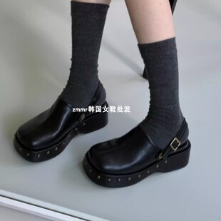 zmmr韩国女鞋2026早春新款ins休闲两穿铆钉皮带扣厚底包头半拖鞋