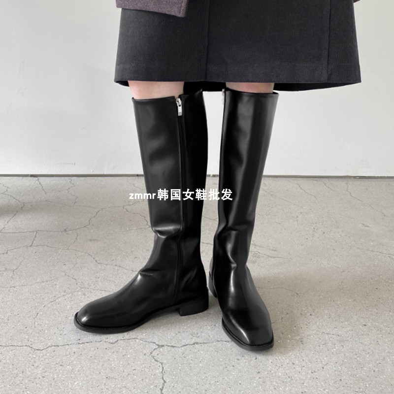 zmmr韩国女鞋新款chic圆头方跟侧拉链瘦腿高筒减龄英伦风骑士靴潮