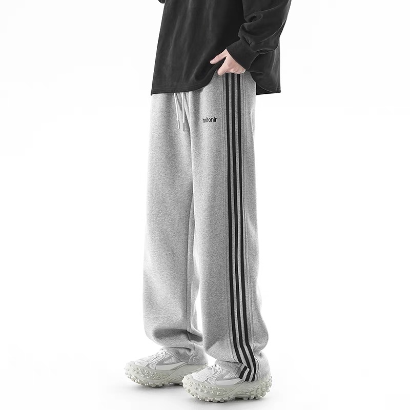 美式重磅三条杠卫裤男女潮牌宽松春秋冬加绒加厚条纹直筒运动长裤