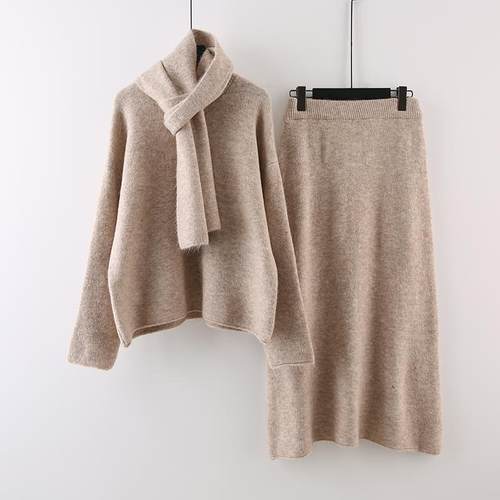 圆领休闲长袖针织毛衣围巾半裙