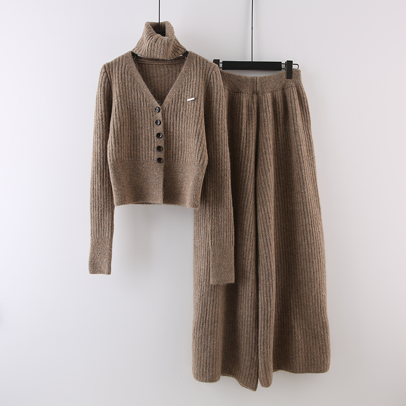 高级感V领针织毛衣阔腿裤套装