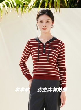 莱赛莉丝C1019莱赛尔女装针织衫2025秋连帽长袖条纹通勤套头上衣