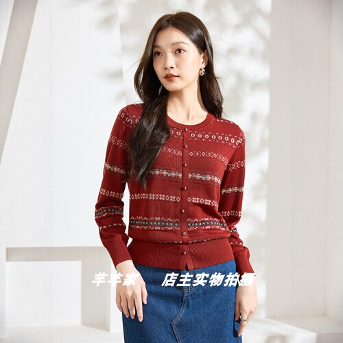 莱赛莉丝C1081莱赛尔女装针织衫2025秋圆领长袖条纹纽扣套头上衣