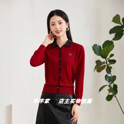 莱赛莉丝Y9005莱赛尔女装针织衫2025秋翻领长袖拼色通勤套头上衣