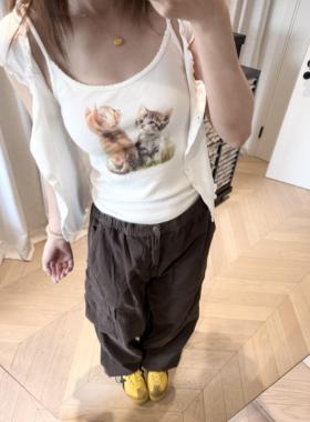 Brandy Girl BM新款美式复古猫咪印花吊带背心bm百搭显瘦上衣女