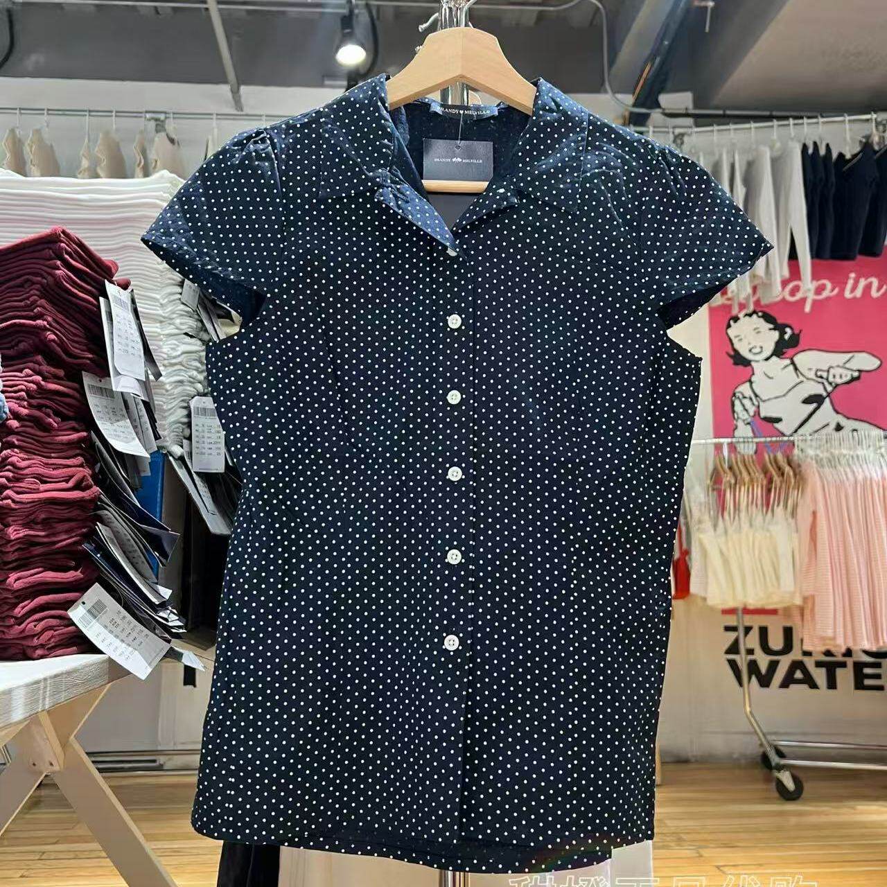BM官网美式复古蓝色波点修身显瘦收腰短袖衬衫bm纯棉百搭上衣女夏