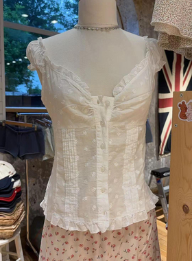 Brandy Girl BM新款美式复古纯色蕾丝花边领泡泡袖衬衫bm短袖上衣