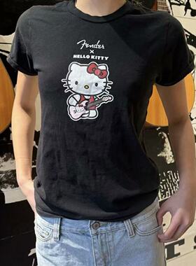 BM官网美式复古卡通凯蒂猫印花t恤女新款深灰色HelloKitty上衣女