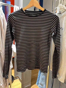棉T恤上衣女简单款 显瘦长袖 内搭打底 复古条纹圆领修身 BM官网美式