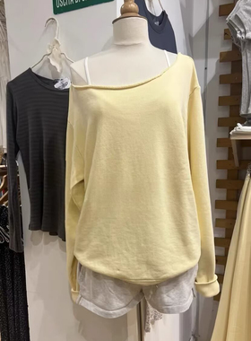 BM Brandy Girl bm新款美式复古纯色斜肩露肩长袖T恤bm打底衫上衣