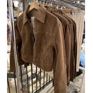 拉链外套女 复古棕色灯芯绒夹克bm高腰短裤 brandymelville BM美式