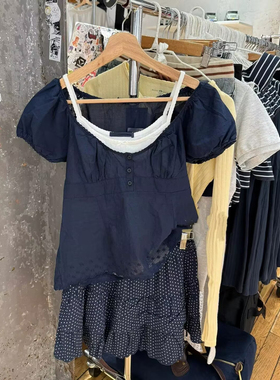 Brandy Girl BM新款美式复古纯色蕾丝花边领衬衫短袖上衣女夏