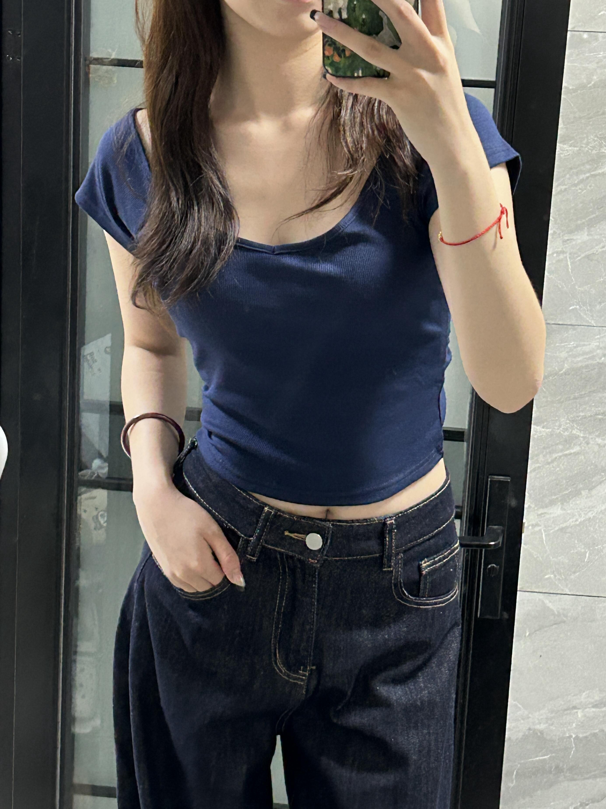 BM赵露思同款美式藏青一字肩螺纹短袖t恤bm显瘦辣妹纯棉上衣女ins