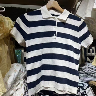复古条纹POLO衫 BM新款 美式 T恤bm百搭显瘦上衣 短袖 Brandy Girl