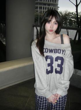 Brandy Girl BM新款美式复古字母印花斜肩长袖T恤bm百搭显瘦卫衣