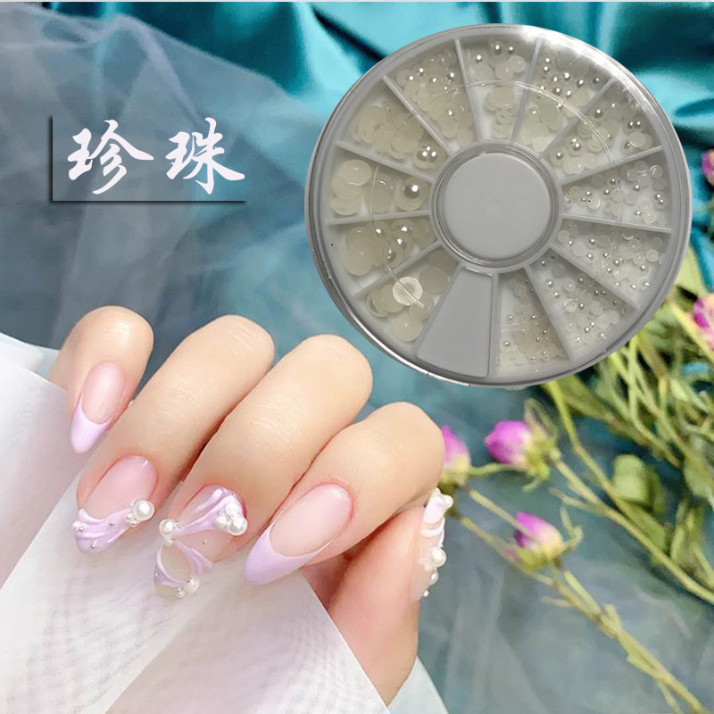 网红美甲珍珠饰品平底日系立体圆形混合蝴蝶饰品指甲钻石全套水钻