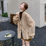 咖色皮毛一体羊羔毛外套女2024冬季新款加厚保暖毛茸茸百搭短棉服，女装毛呢外套，2C062