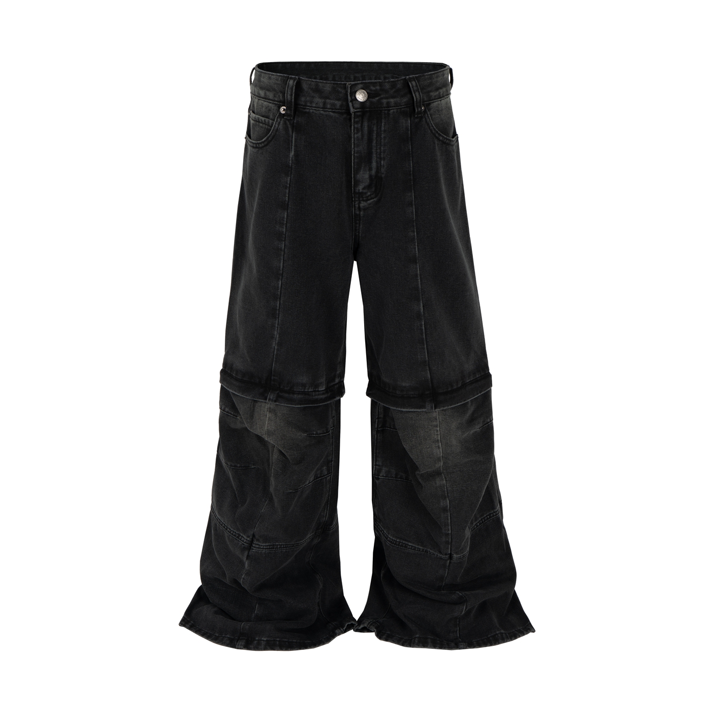 巴黎风格牛仔Flared Cargo水洗做旧可拆卸工装牛仔裤微喇堆积长裤