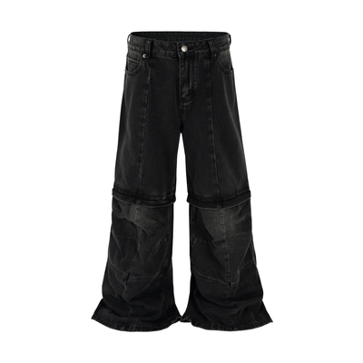 巴黎风格牛仔Flared Cargo水洗做旧可拆卸工装牛仔裤微喇堆积长裤