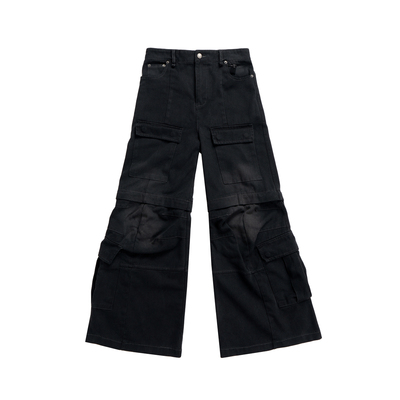 巴黎风格Flared Cargo高街多口袋可拆卸微喇水洗牛仔工装裤TS同款