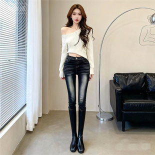 女水洗磨白高腰提臀铅笔裤 显腰细 复古高光丰胯黑灰色小脚牛仔裤