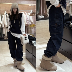 加绒 裤 工装 ccstations下脚松紧双大兜深蓝牛仔裤