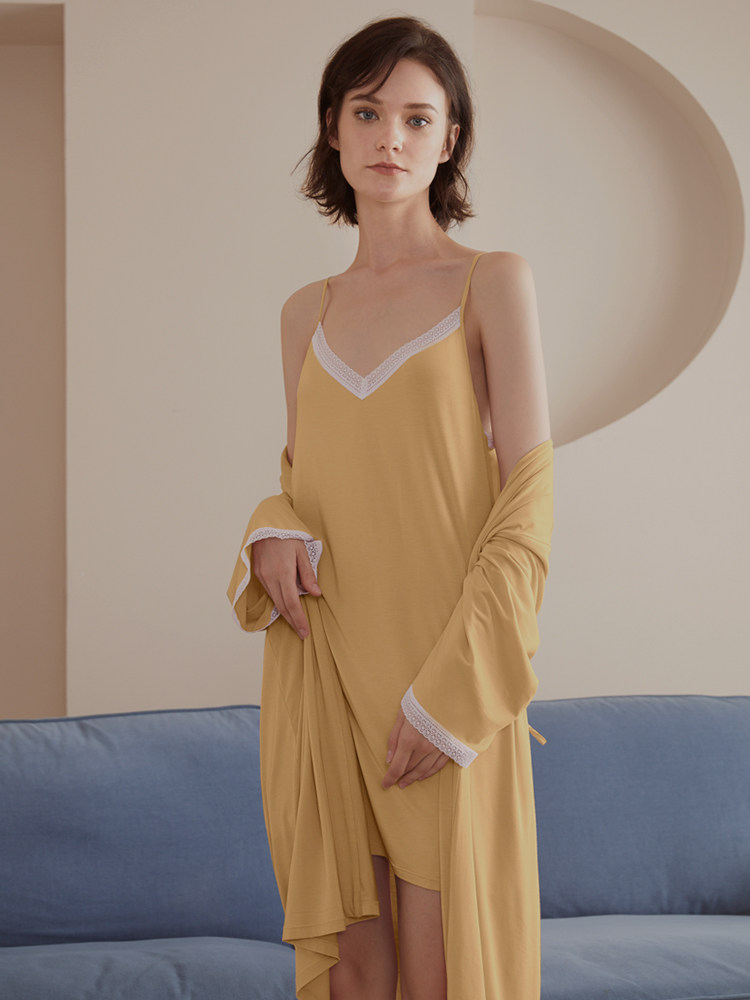 SILK BATHROBE WOMENS AUTUMN THIN 60S LENZING MODAL SEXY SUSPENDER NIGHTGOWN LOUNGEWEAR SENIOR MORNING ROBE