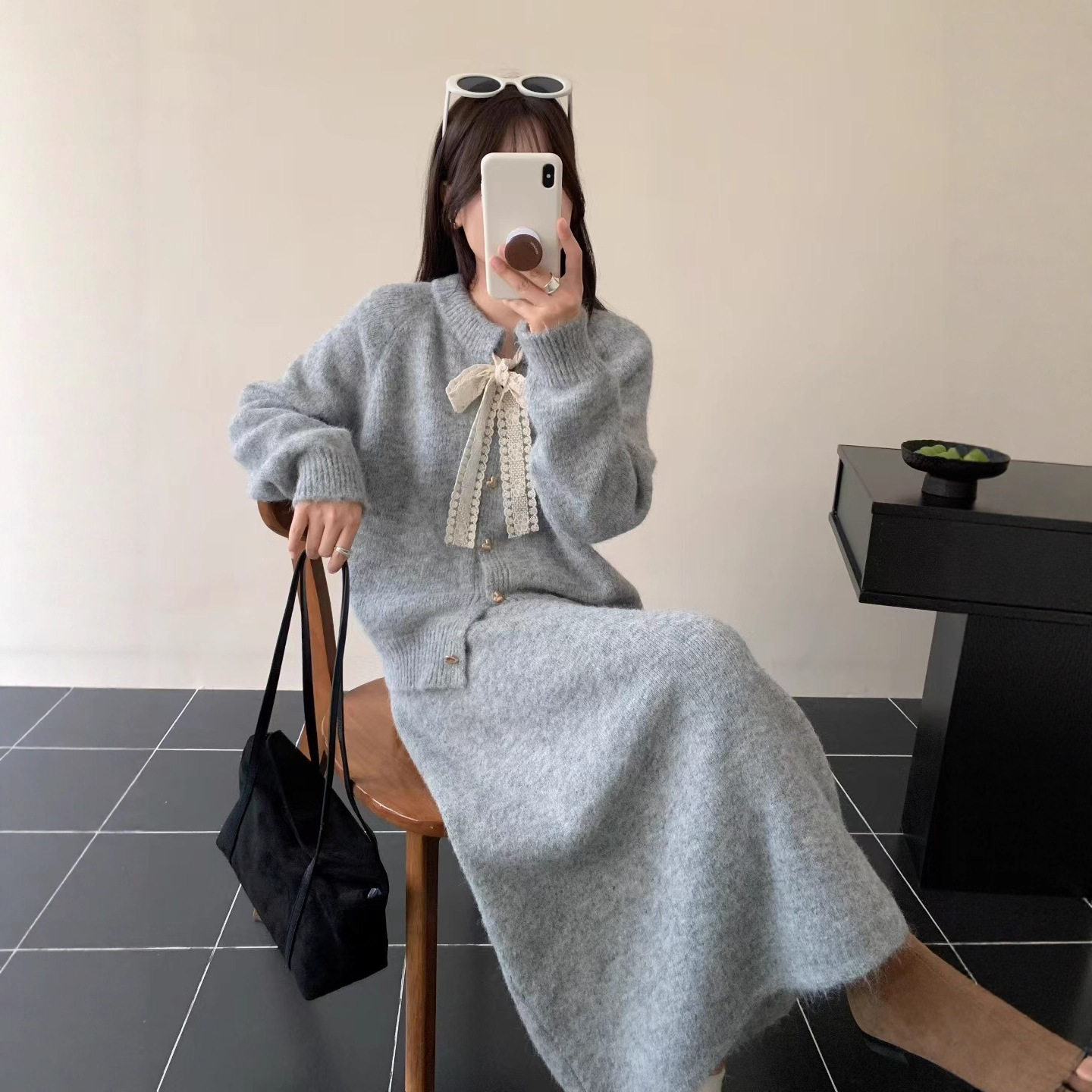 设计感系带毛衣开衫+半身长裙套装女秋冬新款宽松慵懒针织两件套