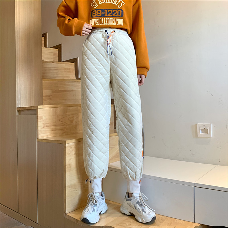 Real shot color drawstring diamond lattice velvet thickened warm Harem Pants casual cotton pants