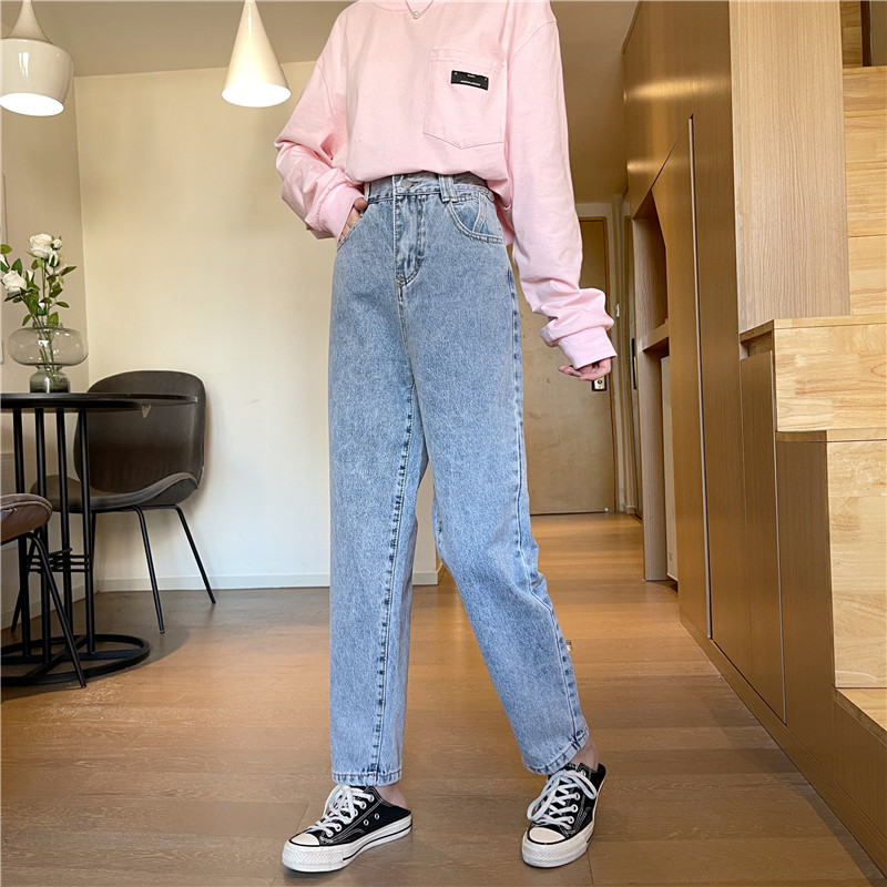 Real shot Korean new elastic waist loose and versatile show thin Harlan jeans