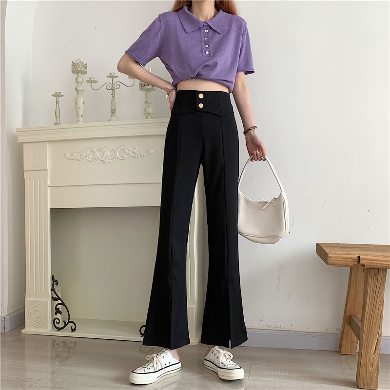 Real shot design feeling high waist drop feeling floor dragging pants casual versatile slim slim slim split micro bra pants