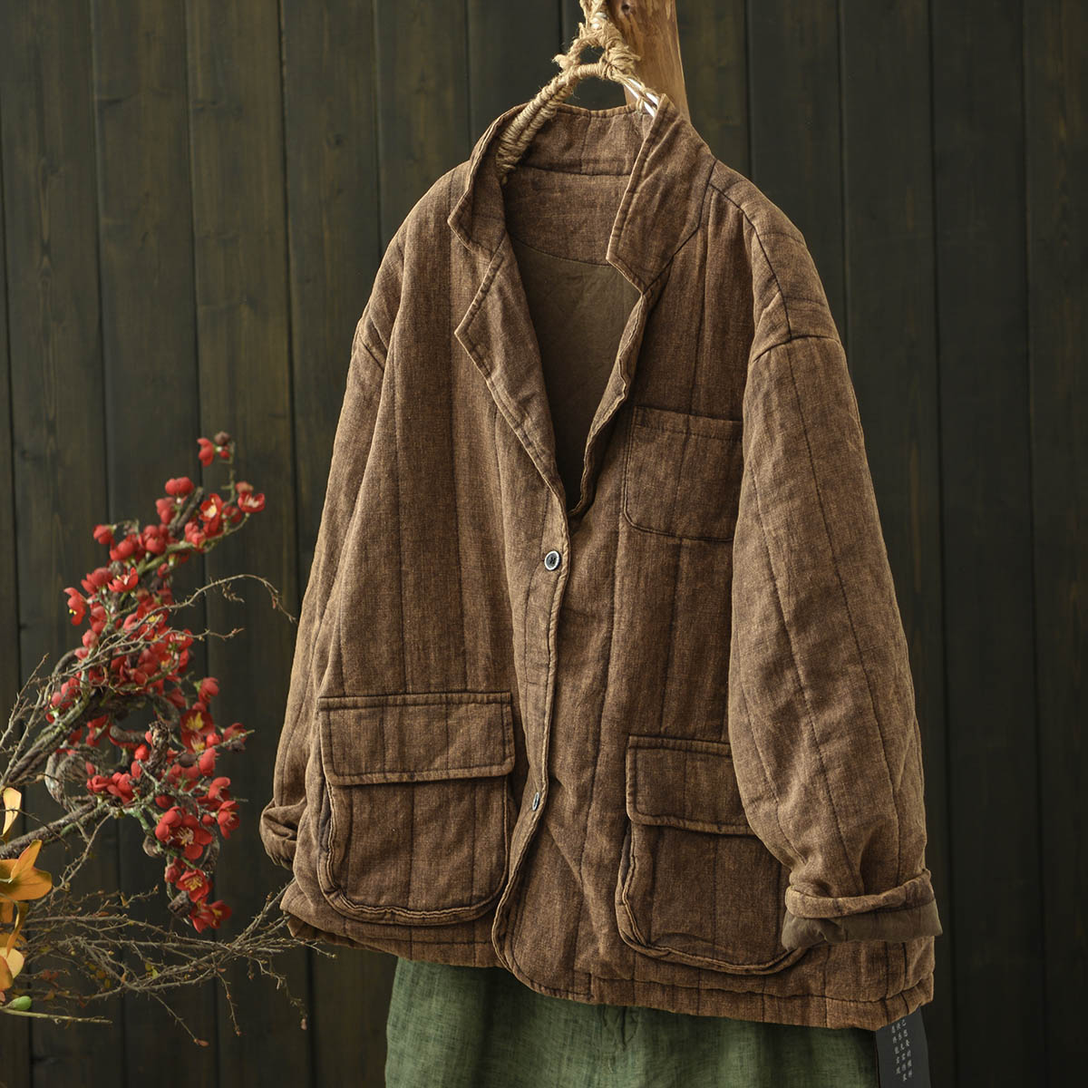 默念复古炒色做旧亚麻夹棉西装领短棉服女宽松保暖系扣棉衣外套