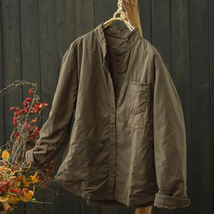 直筒保暖上衣 秋冬新款 默念文艺森女花边立领薄棉加厚衬衫 女长袖