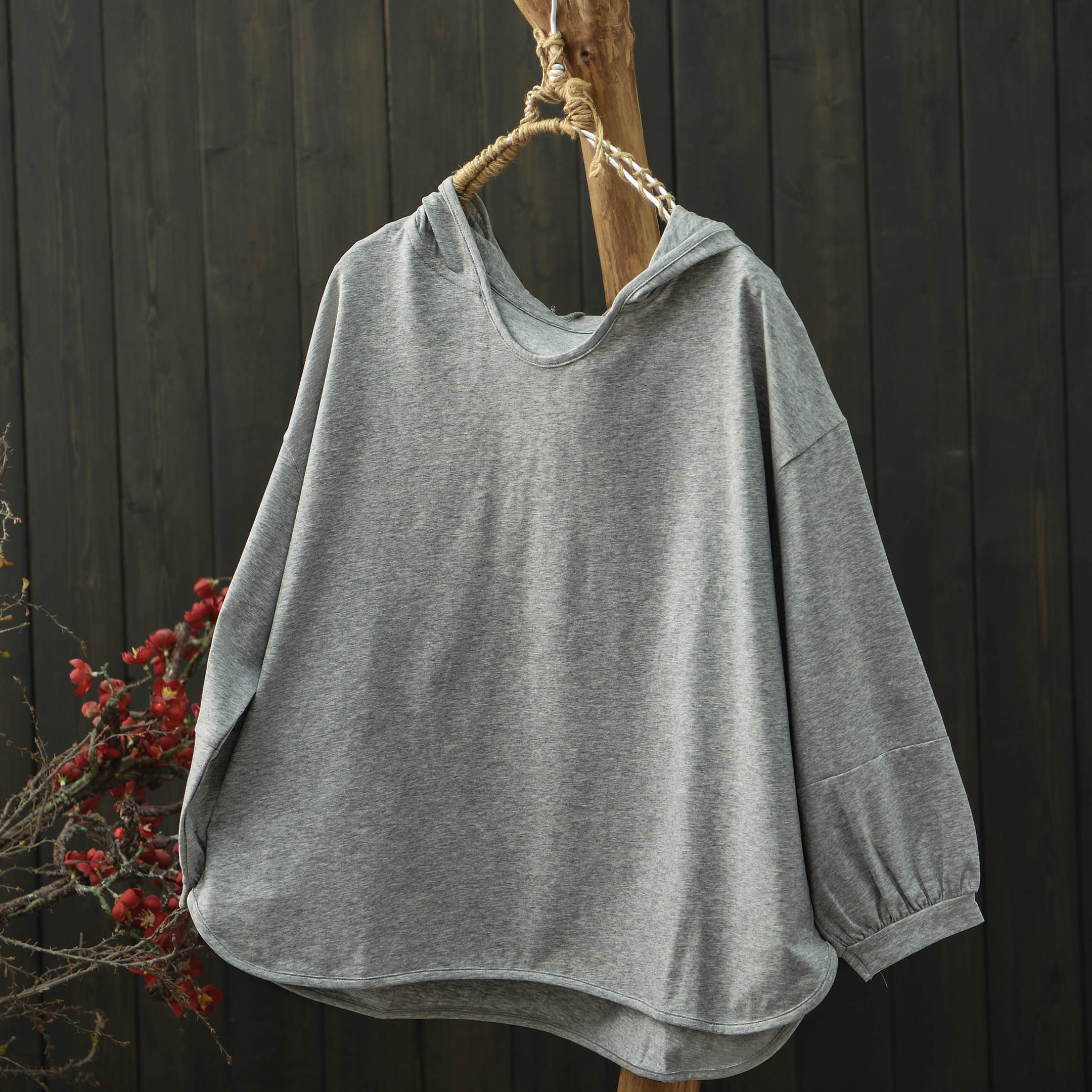 默念文艺简约连帽弹力落肩袖杂色T恤女宽松新款套头上衣打底衫