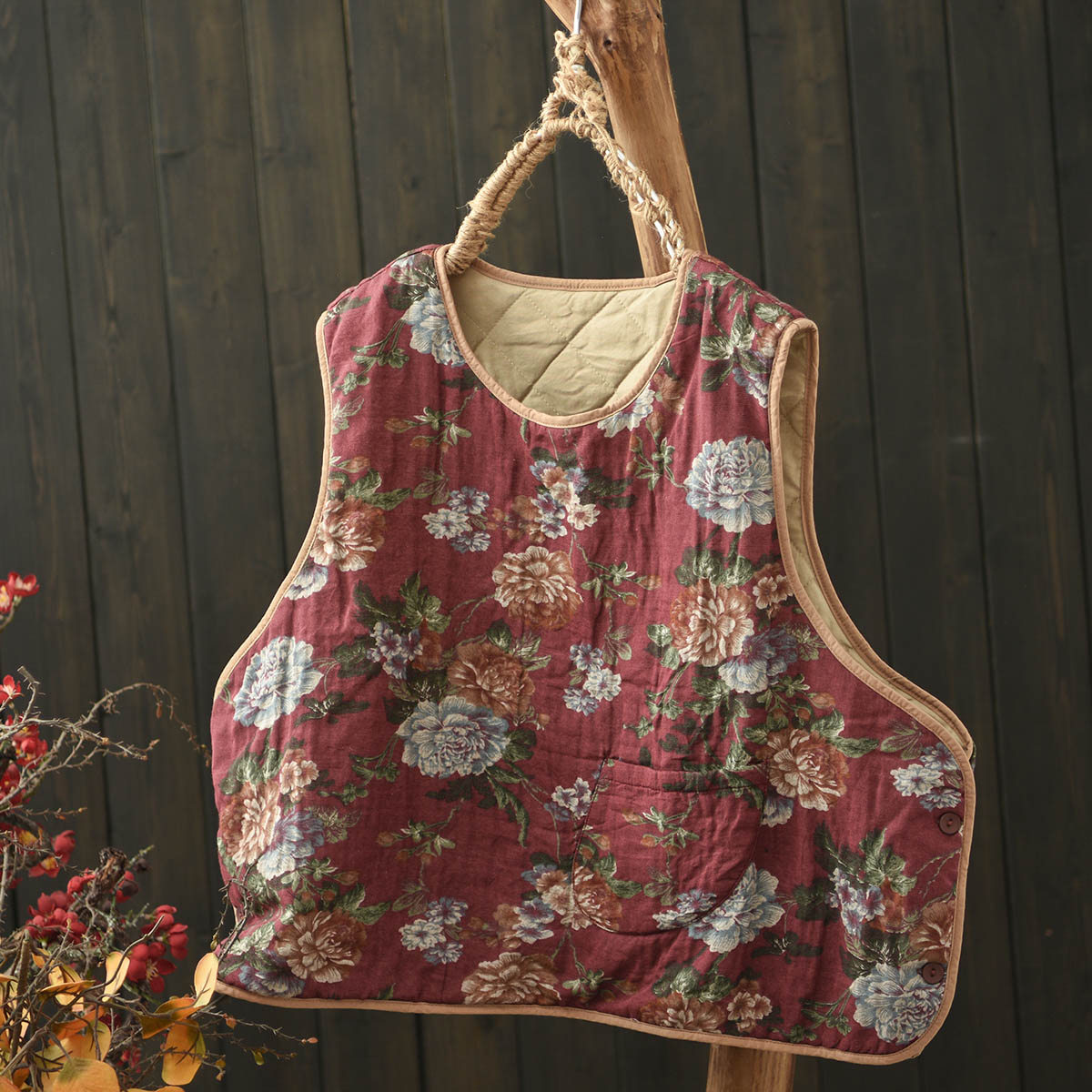 复古印花棉麻夹棉短款马甲保暖