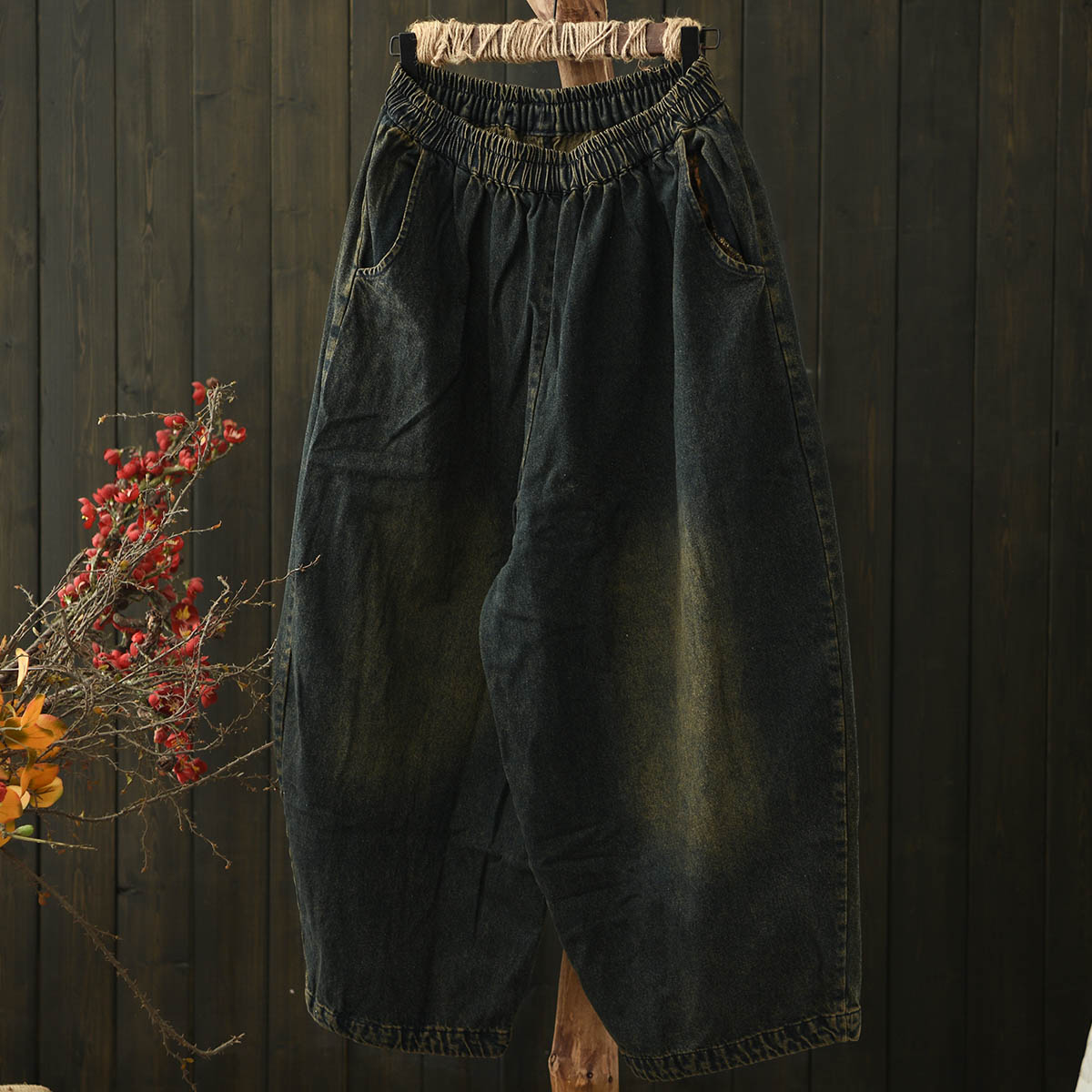 磨白做旧大码牛仔裤萝卜长裤女秋