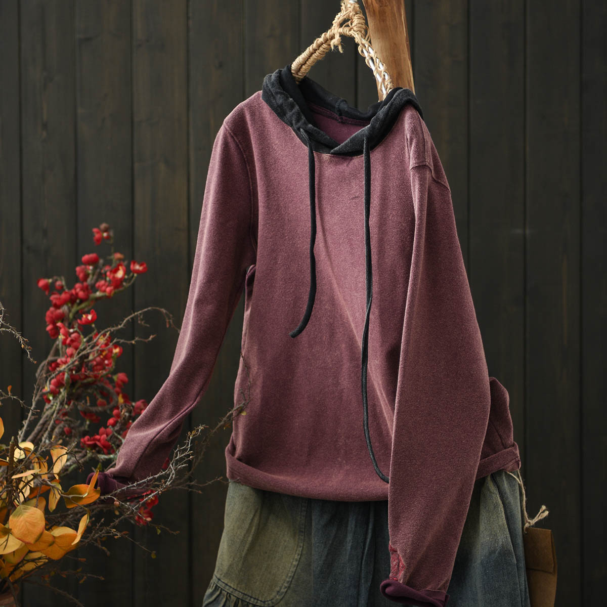 连帽做旧棉质卫衣女长袖春秋