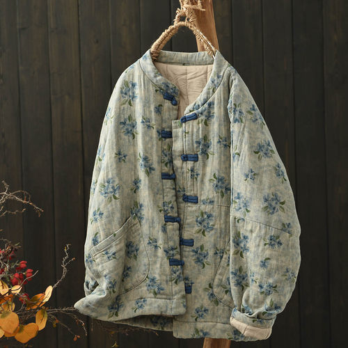 立领复古印花夹棉棉服上衣