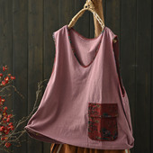 默念文艺复古花布拼接棉质口袋背心女2025夏季 宽松无袖 打底上衣