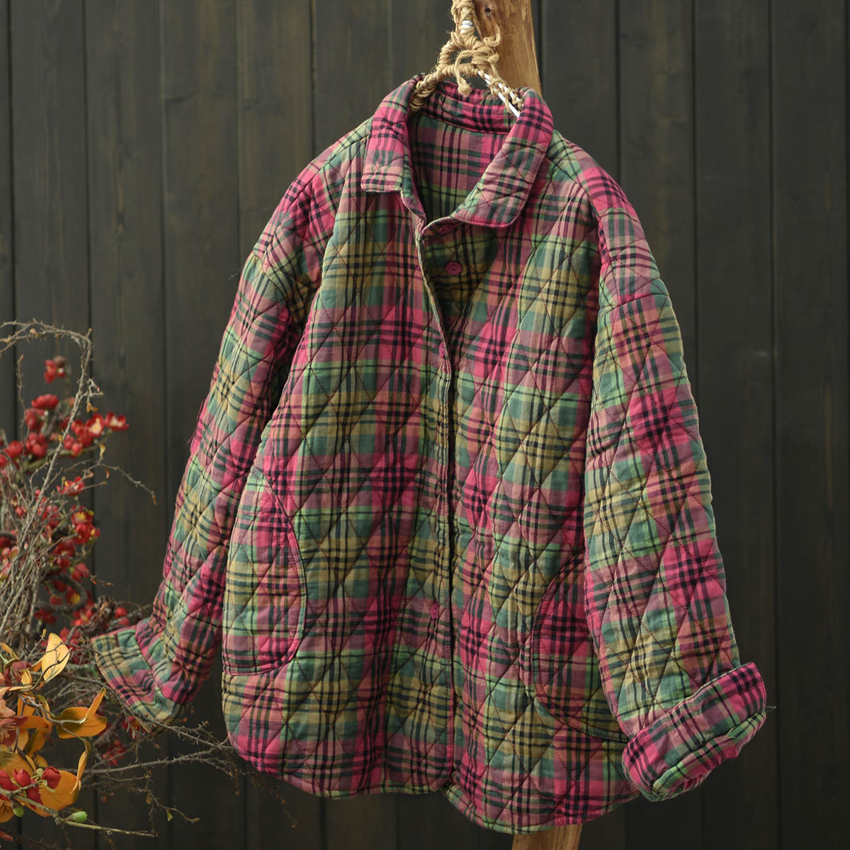 翻领撞色格子夹棉加厚宽松棉衣女